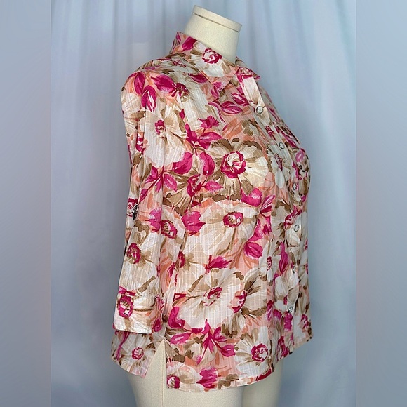 Karen Scott Pink Floral Button Down Shirt with Notched Collar(829) - Picture 4 of 14